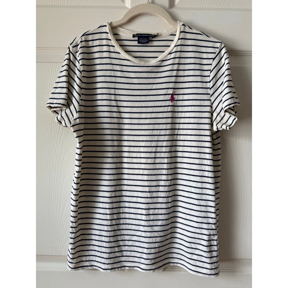 Vintage Ralph Lauren Sport Nautical‎ Blue White Stripe Tee Pink Pony Womens L